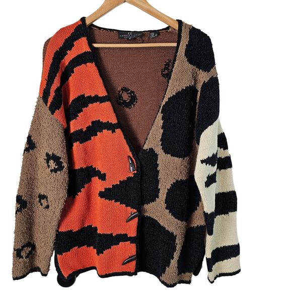 Vtg Carole Little Cardigan Women Med Brown Animal Print Knit Patchwork Boho Cats - Picture 1 of 11